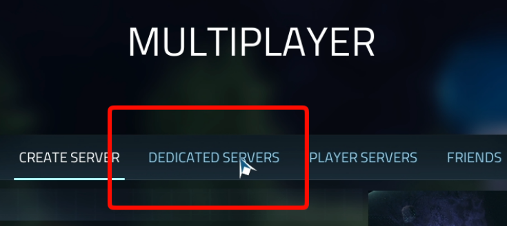 Multiplayer screen with the Dedicated Servers tab highlighted