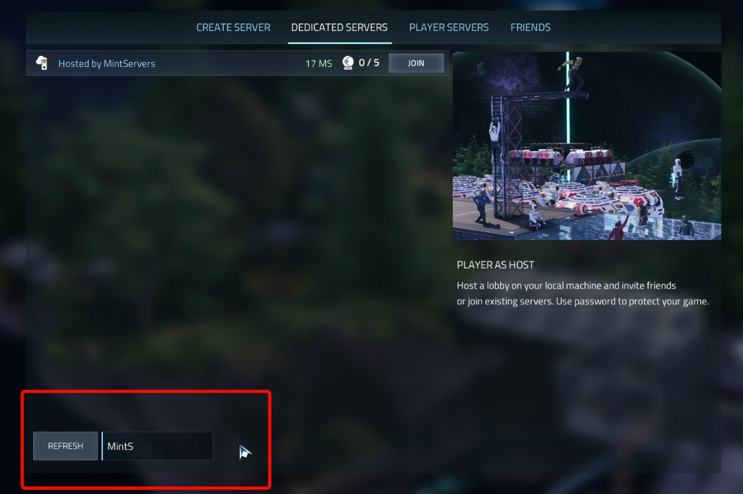 Searching for your server name in the Dedicated Servers list
