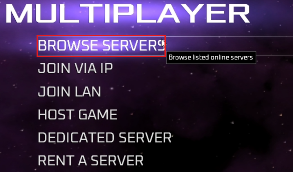 Multiplayer submenu with Browse Servers highlighted