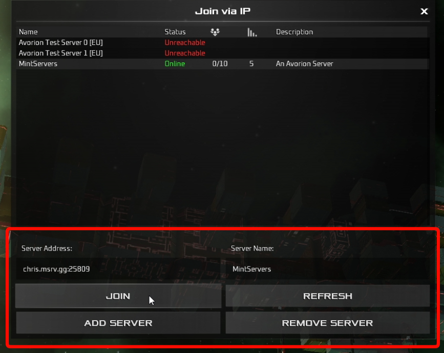 Join Via IP window with fields, Add Server and Join buttons highlighted