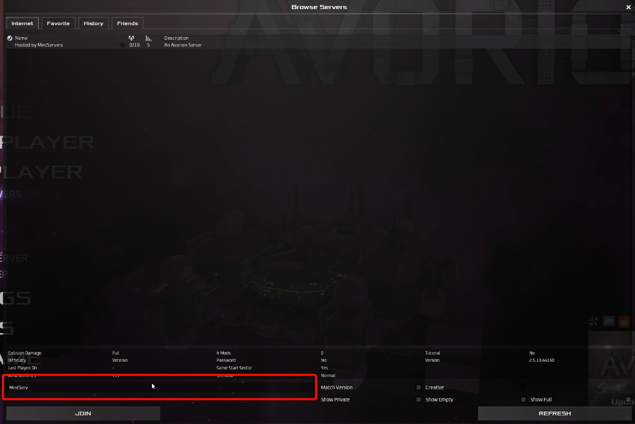Browse Servers window with server selected and Join button