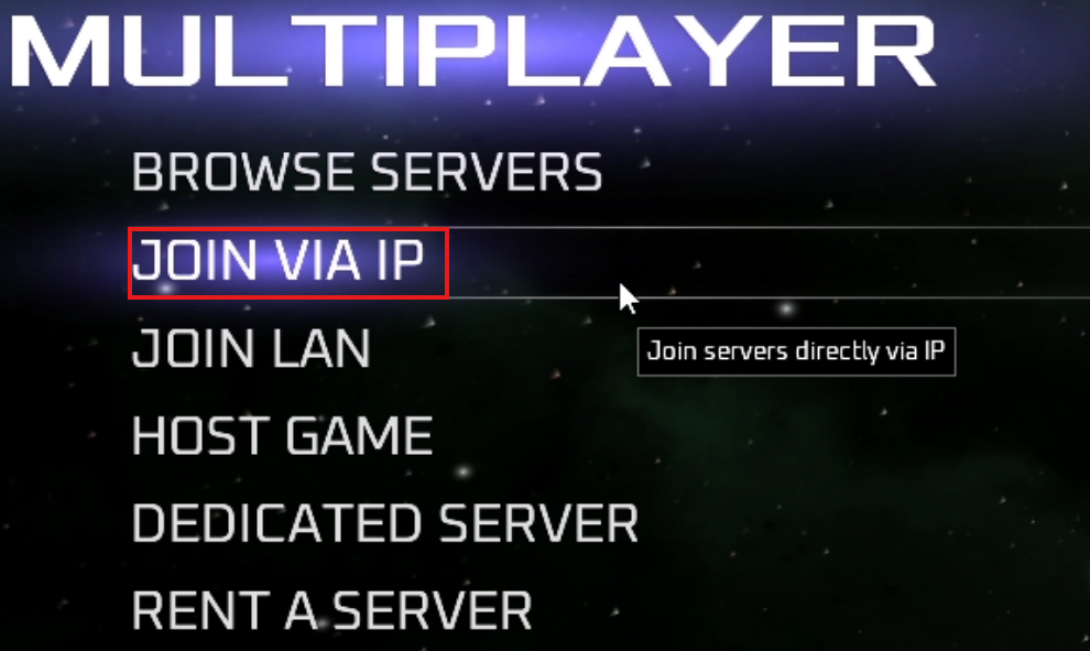 Multiplayer submenu with Join Via IP highlighted