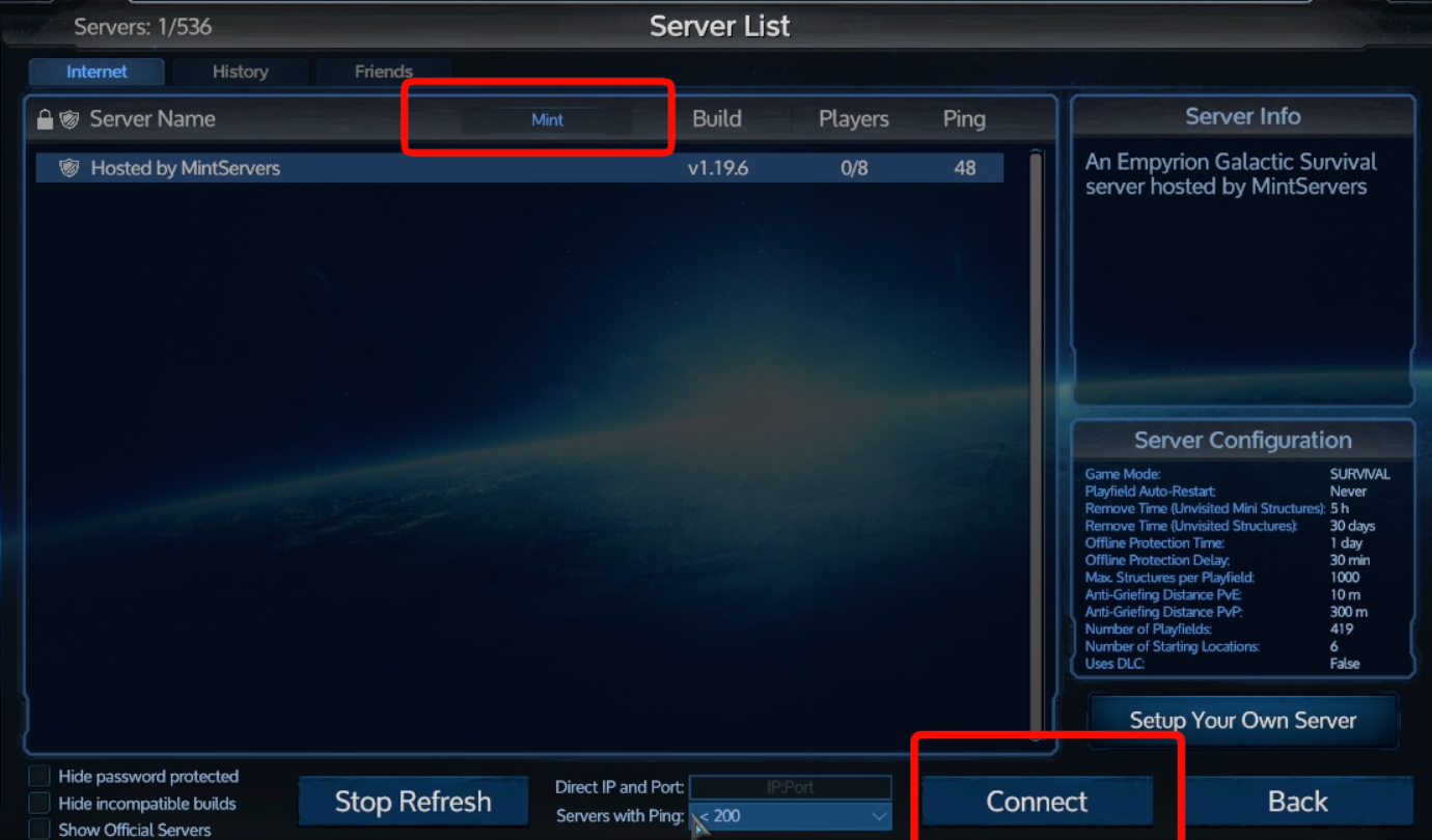 Empyrion server list with the Filter field and Connect button highlighted
