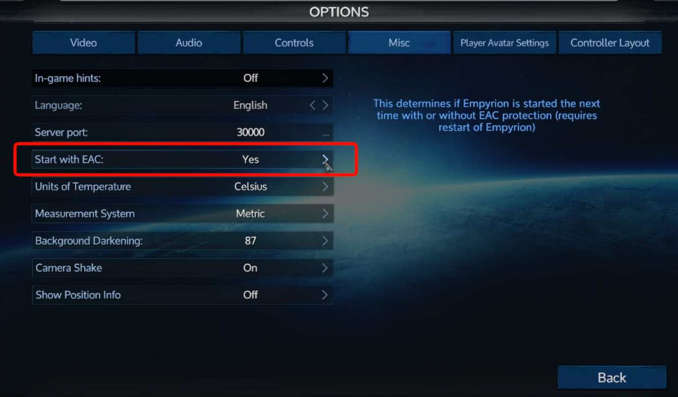Empyrion Options Misc tab with Start with EAC set to Yes