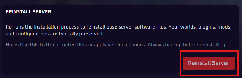 Reinstall Server button