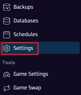 Settings tab in the left-side menu