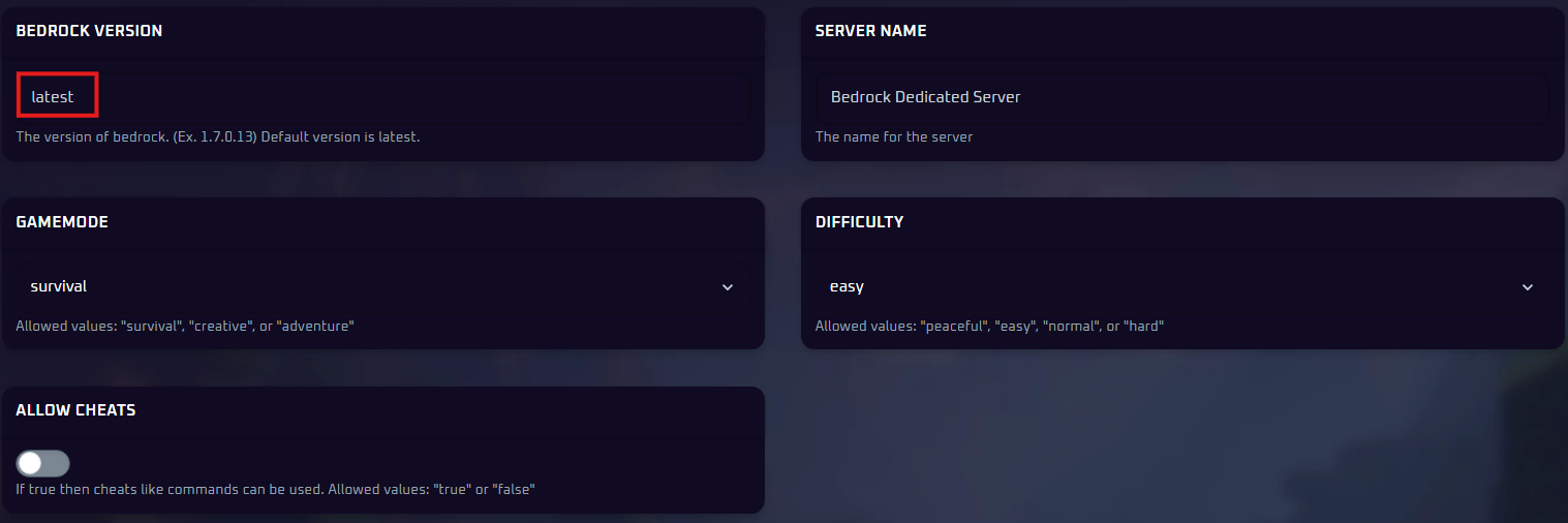 Bedrock Version setting