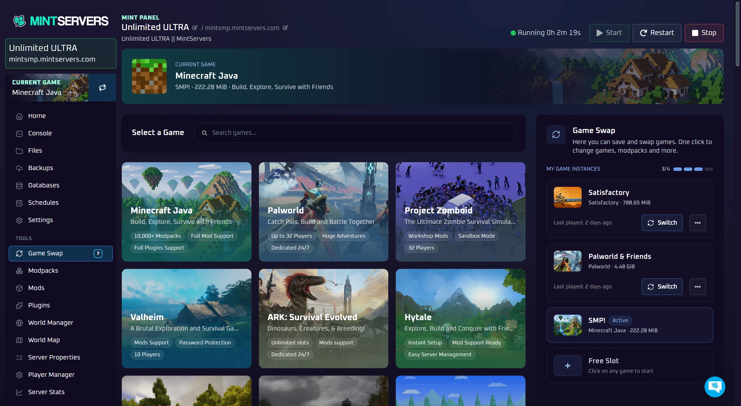 Seite „Spiel wechseln“ in MintPanel mit den verfügbaren Spielen und deinen gespeicherten Instanzen