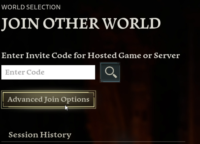 Join Other World screen with Advanced Join Options button