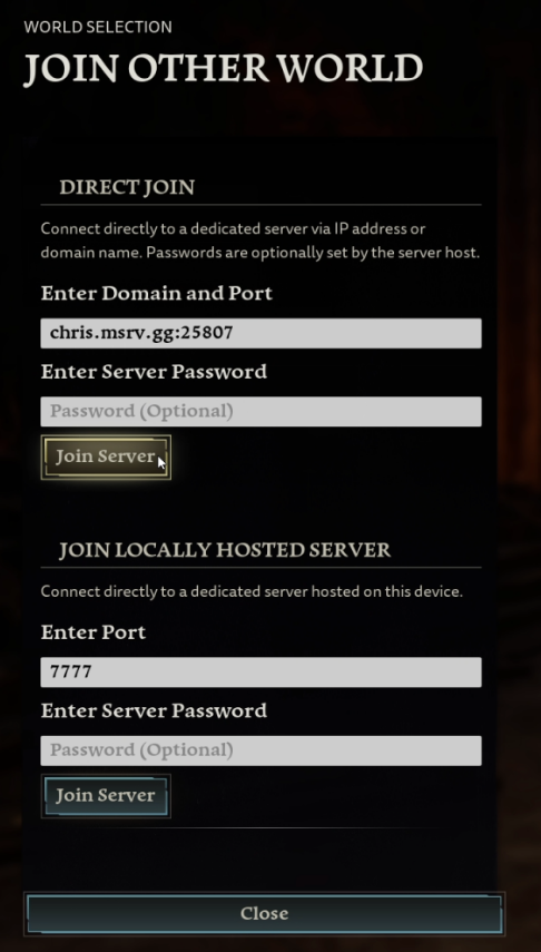 Direct Join section with server address and password fields