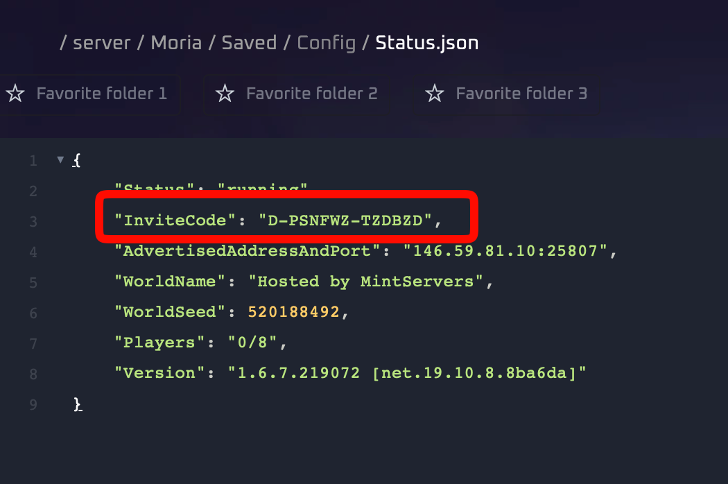 Status.json with the InviteCode line highlighted