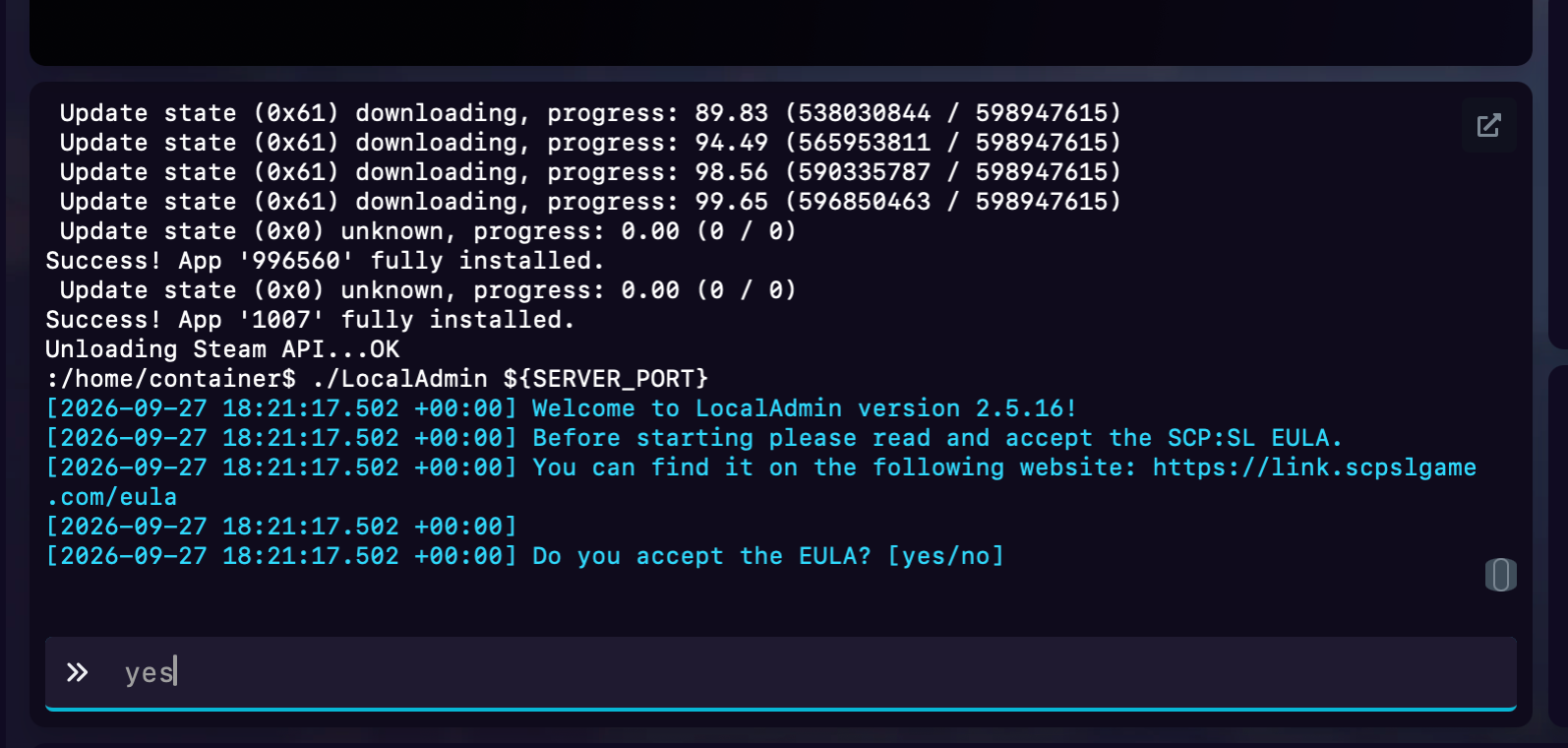 Accepting the SCP: SL EULA in the console