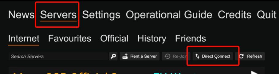 SCP: SL Servers tab with the Direct Connect button highlighted