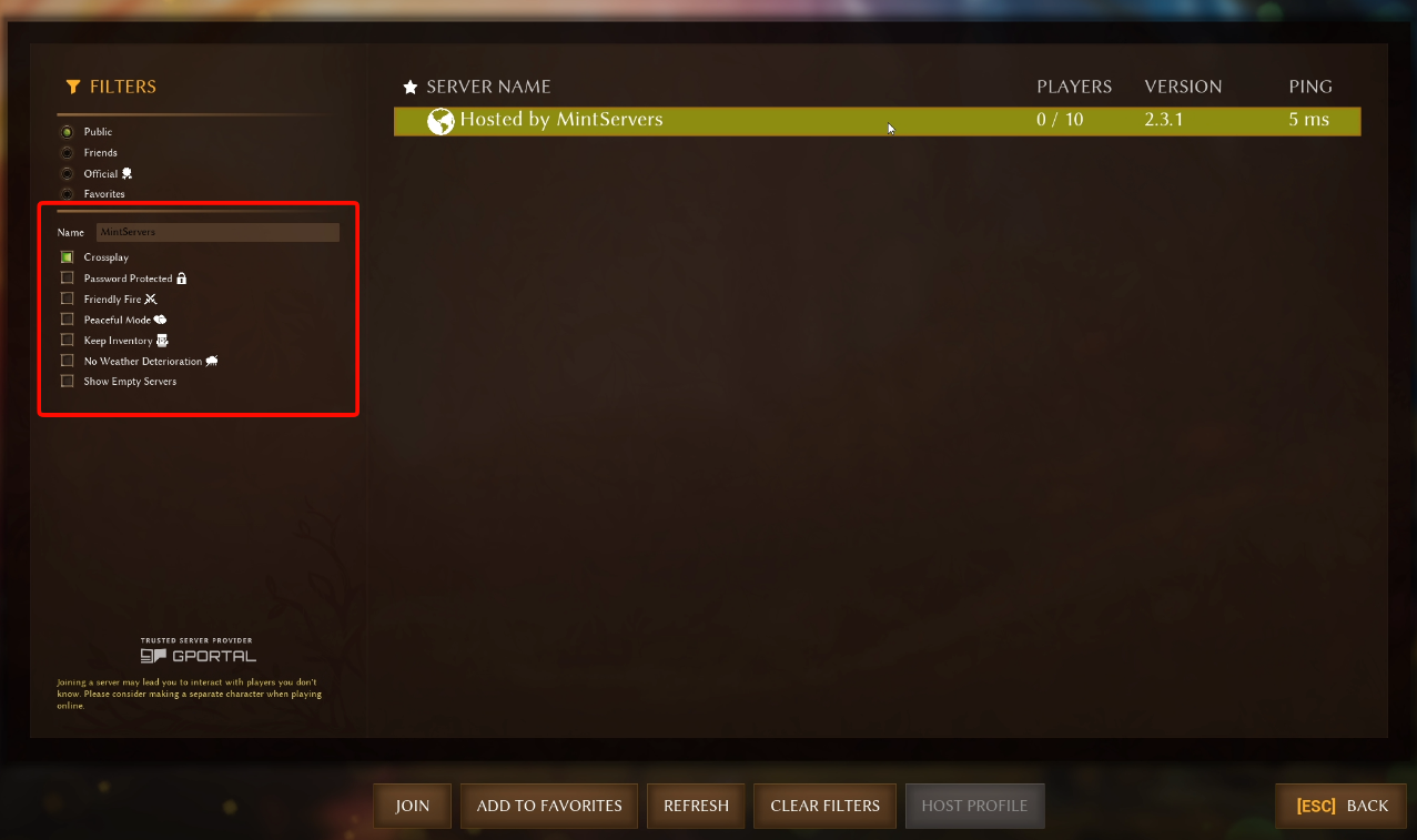 Searching for and selecting your server in the server browser