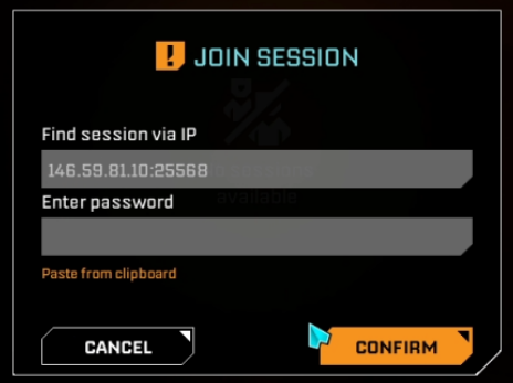 StarRupture Join Session window with the server IP and port entered