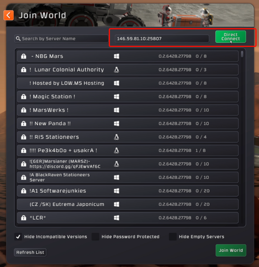 Join World screen with the IP box highlighted